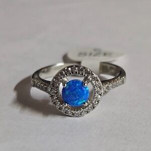 Sterling Silver Blue Fire Opal Halo Design Ring Sz 6
